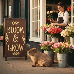 A cozy street-side flower shop with a hand-painted wooden...