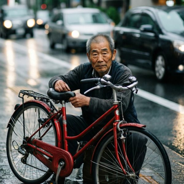 A candid street photo of an elderly Japanese man repairing a red bicycle in light rain, reflectio...