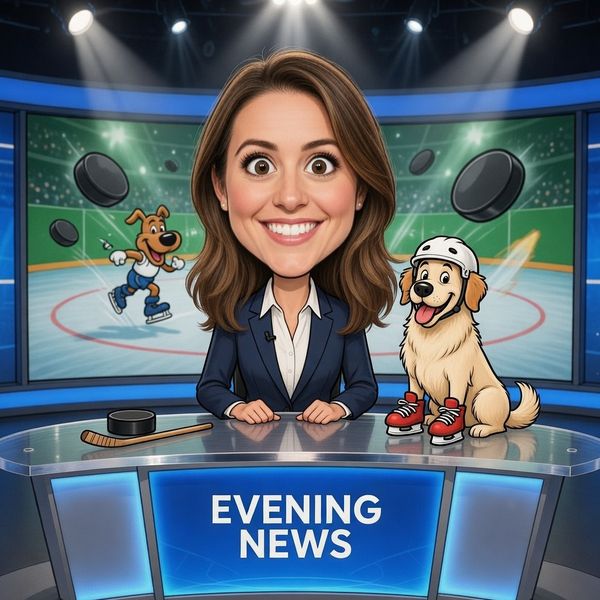 AI image generated by Grok Imagine Image, ranked #10 of 13 in the "Over-the-top cartoon caricature" arena challenge — prompt: Create a caricature of me and my job. Make it exaggerated and humorous, incorporating my profession as a tv show anchor and my love for dogs and hockey.
