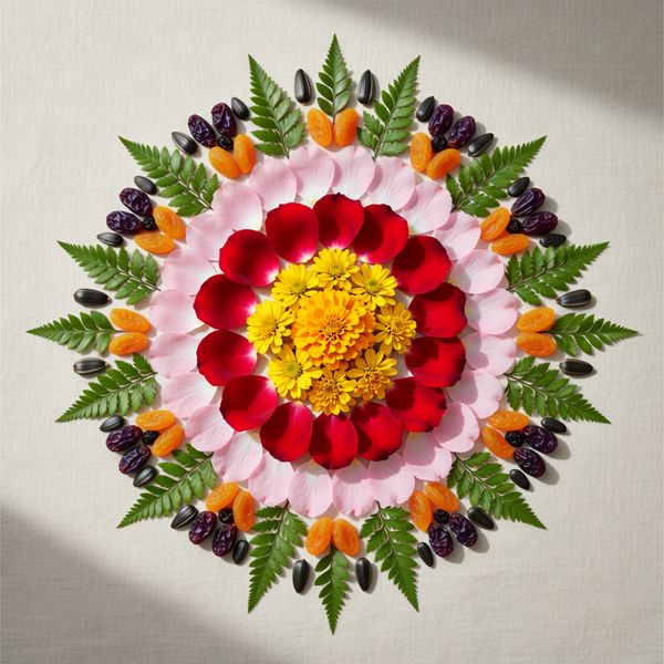 AI image generated by Wan 2.6, ranked #9 of 15 in the "Intricate Floral Mandala" arena challenge — prompt: Perfectly symmetrical mandala made entirely of real flowers, petals, leaves, fruits, and seeds in vibrant natural colors, intricate layered patterns with radial symmetry, top-down view on a soft neutral background, hyper-detailed organic textures and subtle shadows, photorealistic, 8K masterpiece.