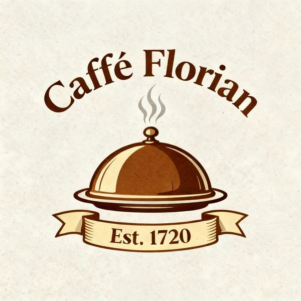 AI image generated by Seedream 4.0, ranked #8 of 19 in the "Vintage Cafe Logo" arena challenge — prompt: Vintage minimalist restaurant logo for "Caffè Florian", retro cloche dome with steam and "Est. 1720" banner, classic typography, warm brown and cream tones, subtle texture on light background, vector emblem style.