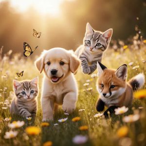 Hyper-photorealistic scene of fluffy baby animals—a golde...