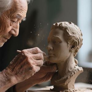 A hyper-realistic close-up of an elderly sculptor's hands...