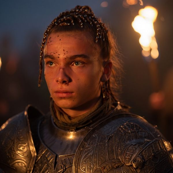 Close portrait of a battle-worn paladin in ornate engraved plate armor, hair braided with small b...