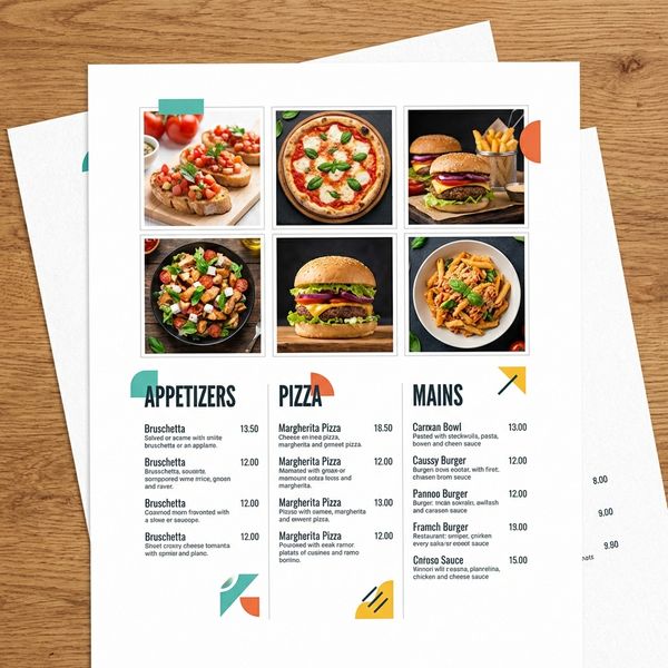 Modern minimalist restaurant menu design, white background with colorful food photos in grid, sec...