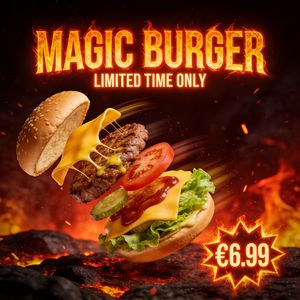 Seedream 4.5 — Magic Burger Explosion: Fiery Photorealism Challenge
