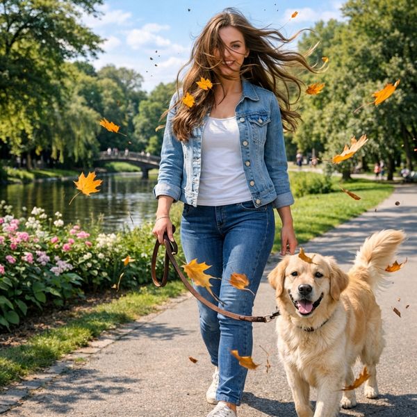 AI image generated by Nano Banana Pro, ranked #4 of 13 in the "Golden Hour Stroll" arena challenge — prompt: Add dynamic motion to this photo: make hair blow in the wind, add leaves flying, energetic and lively feel.