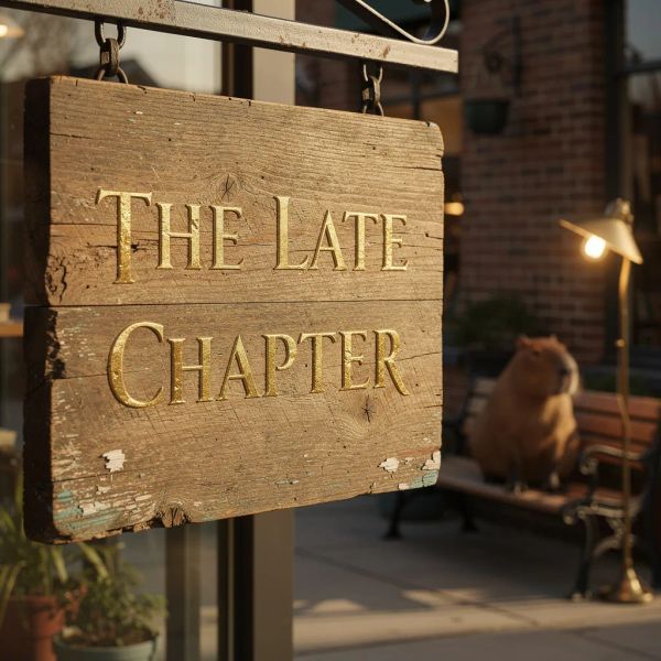 A hyper-realistic close-up of a rustic wooden sign outside a cozy bookstore that reads "THE LATE ...