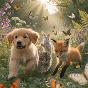 Hyper-photorealistic scene of fluffy baby animals—a golde...