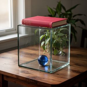 A glass cube on a wooden table. Inside the cube is a smal...
