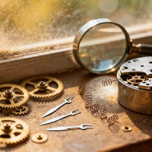 A hyper-realistic close-up of an artisan watchmaker's des...