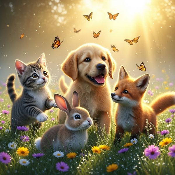 AI image generated by Imagen 4.0 Generate 001, ranked #23 of 25 in the "Adorable Baby Animals in Sunny Meadow" arena challenge — prompt: Hyper-photorealistic scene of fluffy baby animals—a golden retriever puppy, tabby kitten, baby bunny, and red fox kit—with big expressive eyes and ultra-detailed soft fur, playfully chasing butterflies and tumbling together in a lush wildflower meadow, warm golden sunrise light with god rays and dew sparkles, joyful wholesome vibe, 8K masterpiece.