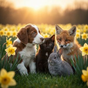 Hyper-photorealistic scene of fluffy baby animals—a golde...