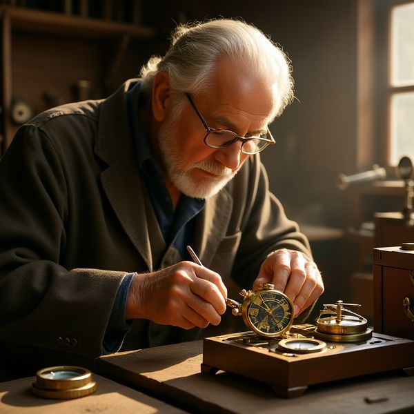 Cinematic close-up portrait of an elderly artisan watchmaker in a sun-drenched attic workshop, me...