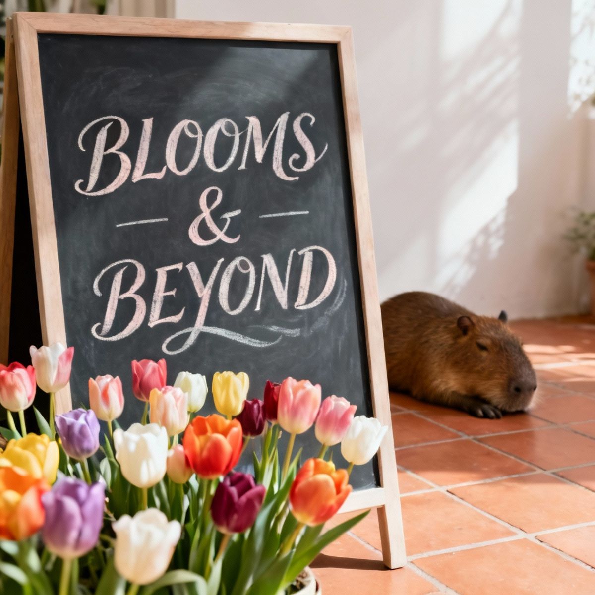 Seedream 4.0 generated image of A sunlit, minimalist florist shop with a large chalkboard sign that reads "BL...