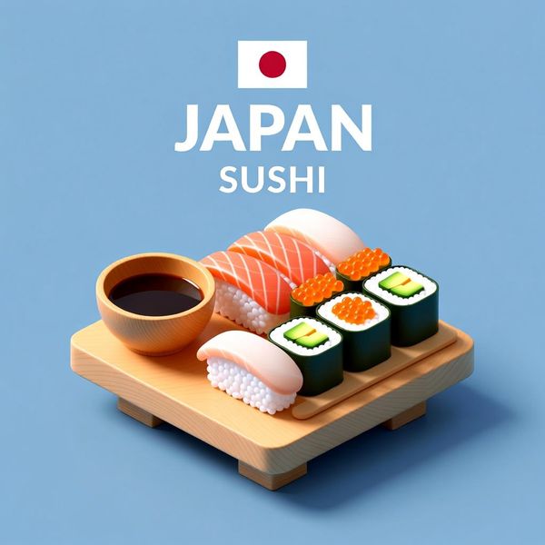 AI image generated by Grok Imagine Image, ranked #15 of 19 in the "Isometric Miniature Diorama Scenes" arena challenge — prompt: Create a clear, 45° top-down isometric miniature 3D cartoon scene of Japan's signature dish: sushi, with soft refined textures, realistic PBR materials, gentle lighting, on a small raised diorama base with minimal garnish and plate. Solid light blue background. At top-center: 'JAPAN' in large bold text, 'SUSHI' below it, small flag icon. Perfectly centered, ultra-clean, high-clarity, square format.
