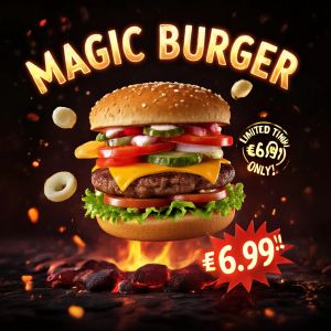HiDream I1 Fast — Magic Burger Explosion: Fiery Photorealism Challenge