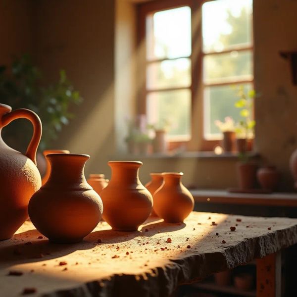 AI image generated by FLUX.1 [dev] — prompt: A hyper-realistic close-up of a weathered, sun-drenched pottery workshop in Tuscany. Rough-textured terracotta vessels in various stages of completion sit on a heavy wooden workbench. Fine dust particles dance in the golden light streaming through a paned window. The background shows a soft-focus Mediterranean garden with olive trees and lavender. Cinematic lighting, 8k resolution, extreme detail on the clay textures and wood grain, warm earthy tones.