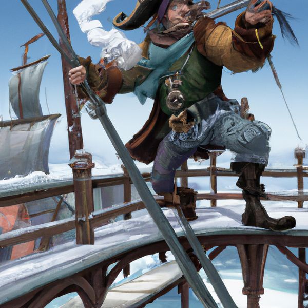 AI image generated by DALL-E 2 — prompt: A fantasy illustration of an arctic pirate on the bridge of their galleon ship. The pirate has a stilted peg leg made out of pure ice and wields a cutlass.