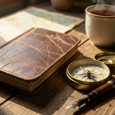FLUX.2 [klein] 9B generated image of A hyper-realistic close-up of a weathered, vintage leather traveler's journal...