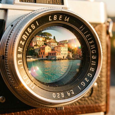 FLUX.2 [klein] 9B generated image of A high-end cinematic close-up of a vintage 1950s camera lens reflecting a sun...