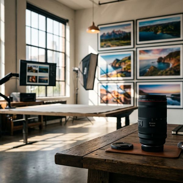 A wide-angle cinematic shot of a high-end, minimalist photography studio where a sleek, professio...