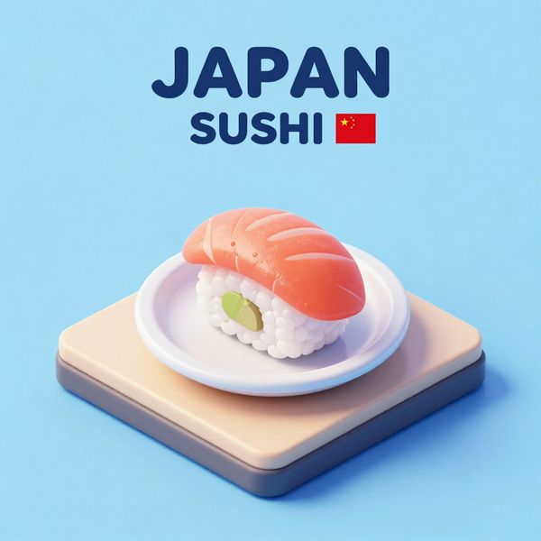 Create a clear, 45° top-down isometric miniature 3D cartoon scene of Japan's signature dish: sush...