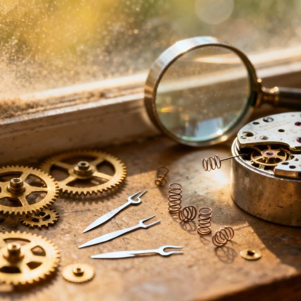A hyper-realistic close-up of an artisan watchmaker's desk, scattered with intricate brass gears,...