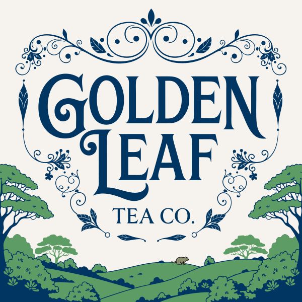 A vintage tin sign for "GOLDEN LEAF TEA CO." featuring elegant serif typography and ornate filigr...