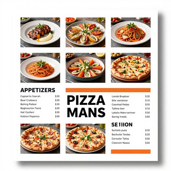 Modern minimalist restaurant menu design, white background with colorful food photos in grid, sec...