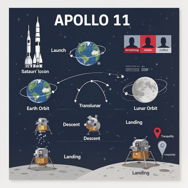 Create a clean, modern vector infographic poster about the Apollo 11 mission. NASA-inspired palet...