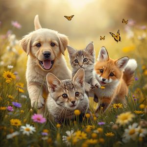 Hyper-photorealistic scene of fluffy baby animals—a golde...