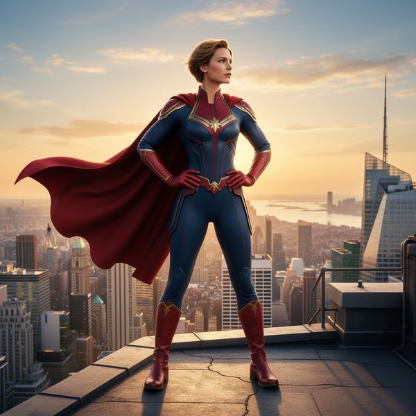 AI image generated by FLUX.2 [flex], ranked #3 of 21 in the "Heroic Super Hero Portrait" arena challenge — prompt: Hyper-photorealistic full-body portrait of a female superhero standing triumphantly on a New York skyscraper rooftop at golden sunset, wearing a classic modest superhero costume with flowing cape, chest emblem, gloves, and boots in red and blue colors, practical design, short hair, strong determined heroic expression looking into the distance, powerful confident stance with hands on hips and cape billowing dramatically in the wind, detailed urban cityscape background, warm natural sunlight with sharp shadows and fabric highlights, ultra-sharp textures on suit, hair, and concrete, 8K masterpiece, empowering family-friendly style.