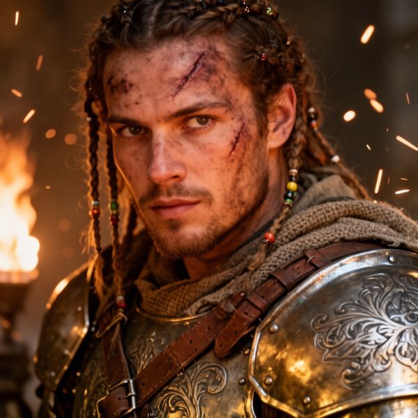 AI image generated by FLUX.2 [pro], ranked #11 of 21 in the "Fantasy Warrior" arena challenge — prompt: Close portrait of a battle-worn paladin in ornate engraved plate armor, hair braided with small beads, faint scars and dirt on the skin, warm torchlight reflecting off metal, shallow depth of field, bokeh sparks, lifelike eyes, highly detailed texture on leather straps and cloth underlayer.