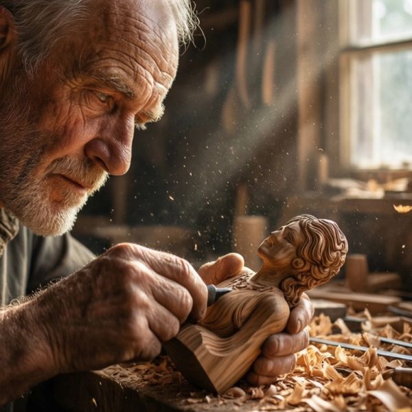 A hyper-realistic close-up portrait of an elderly artisan woodcarver in a sun-drenched workshop. ...