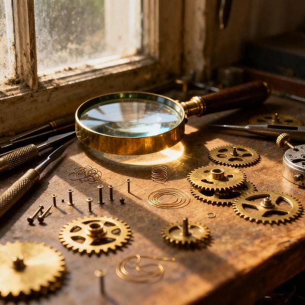 A hyper-realistic close-up of an artisan watchmaker's workbench, shallow depth of field, cluttere...