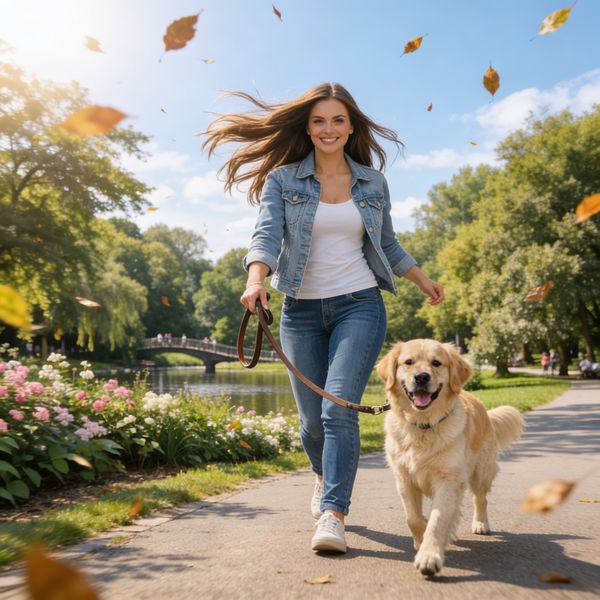 AI image generated by Seedream 4.5, ranked #2 of 13 in the "Golden Hour Stroll" arena challenge — prompt: Add dynamic motion to this photo: make hair blow in the wind, add leaves flying, energetic and lively feel.