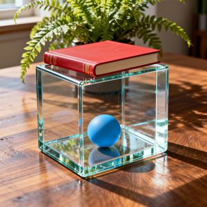 A glass cube on a wooden table. Inside the cube is a smal...