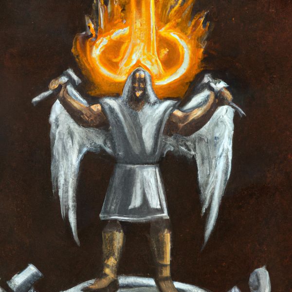 AI image generated by DALL-E 2 — prompt: A painting of a powerful angelic blacksmith holding a molten halo with a pair of metallic tongs and striking it with a holy blacksmith's hammer upon a celestial crucible.