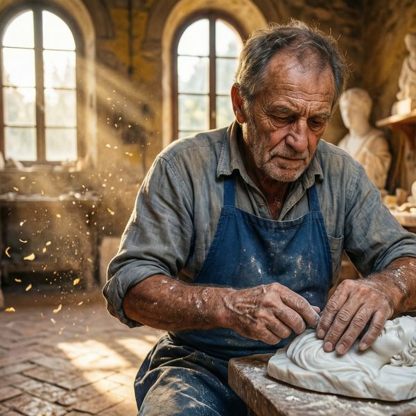 AI image generated by Qwen Image Max — prompt: A wide, cinematic shot of a master craftsman in a sun-drenched, dusty Tuscan workshop, meticulously carving a delicate marble sculpture. Dramatic shafts of golden light pierce through tall arched windows, illuminating floating wood shavings and the intricate textures of the stone. The color palette is rich with warm ochres, deep mahogany, and cool marble whites. Professional shallow depth of field, focused on the artisan's weathered hands, with a balanced composition that keeps the central action away from the edges for a clean, premium aesthetic. 16:9 aspect ratio.