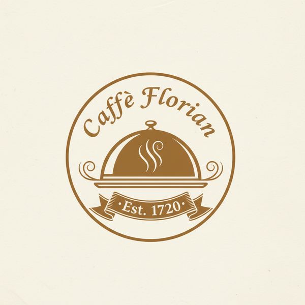 Vintage minimalist restaurant logo for "Caffè Florian", retro cloche dome with steam and "Est. 17...