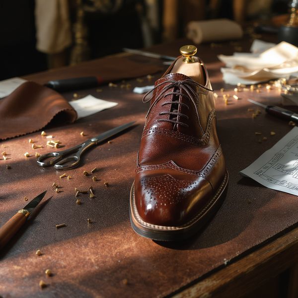 A hyper-realistic close-up of a weathered leather workbench in a master shoemaker's atelier. Scat...