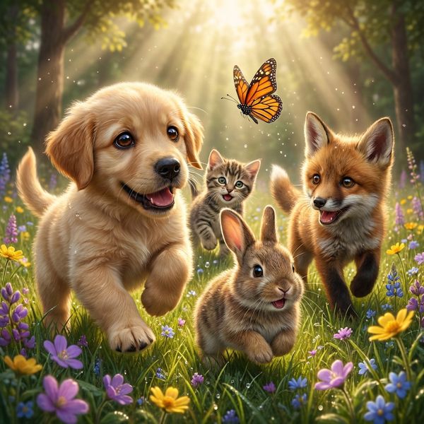 AI image generated by Nano Banana Pro, ranked #15 of 72 in the "Adorable Baby Animals in Sunny Meadow" arena challenge — prompt: Hyper-photorealistic scene of fluffy baby animals—a golden retriever puppy, tabby kitten, baby bunny, and red fox kit—with big expressive eyes and ultra-detailed soft fur, playfully chasing butterflies and tumbling together in a lush wildflower meadow, warm golden sunrise light with god rays and dew sparkles, joyful wholesome vibe, 8K masterpiece.