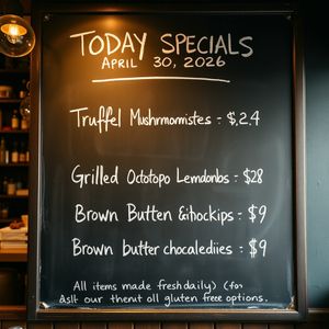 Handwritten-style chalkboard menu in a cozy café, all tex...