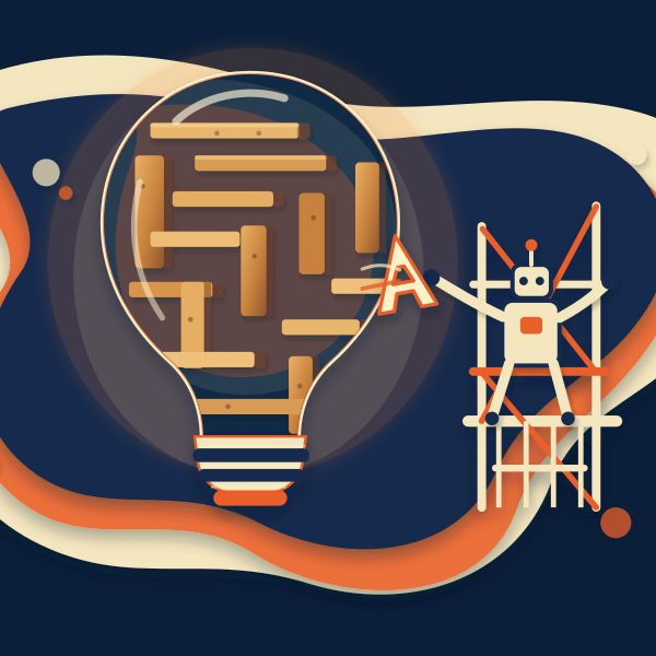 AI image generated by GPT-5.5 — prompt: Paper-cut style illustration of an oversized, incandescent lightbulb containing a complex labyrinth of physical wooden blocks. Layers of cardstock in navy, tangerine, and cream create depth with soft drop shadows. On a nearby scaffolding, a small robotic character carefully slots a perfect geometric "A" into the maze, representing structured creative logic and precision typography.