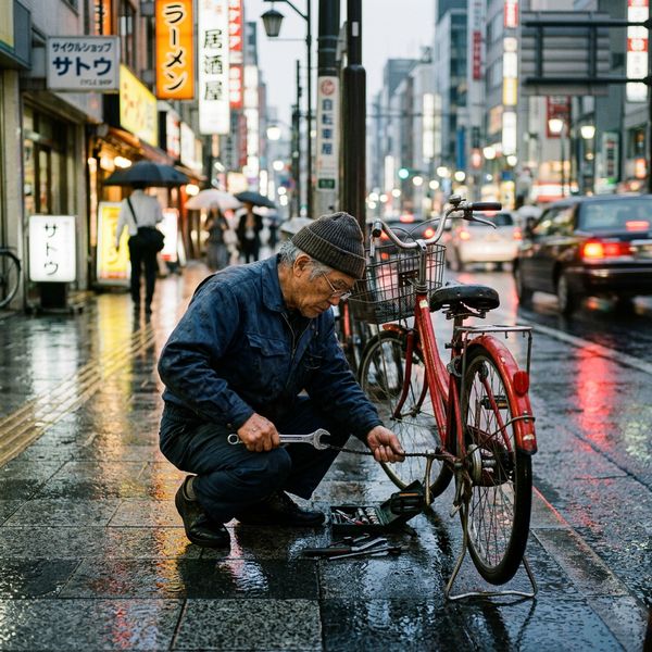AI image generated by Nano Banana 2, ranked #10 of 24 in the "Candid Street Photography" arena challenge — prompt: A candid street photo of an elderly Japanese man repairing a red bicycle in light rain, reflections on wet pavement, shallow depth of field, 50mm lens, natural skin texture, imperfect framing, motion blur from passing cars, cinematic but realistic, no stylization.
