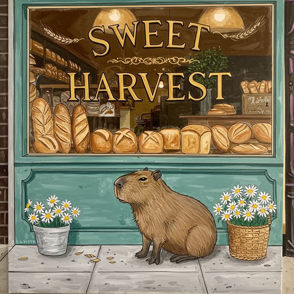 A vibrant, hand-painted wooden sign for a local bakery that says "SWEET HARVEST" in elegant gold ...
