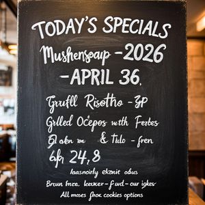 Handwritten-style chalkboard menu in a cozy café, all tex...