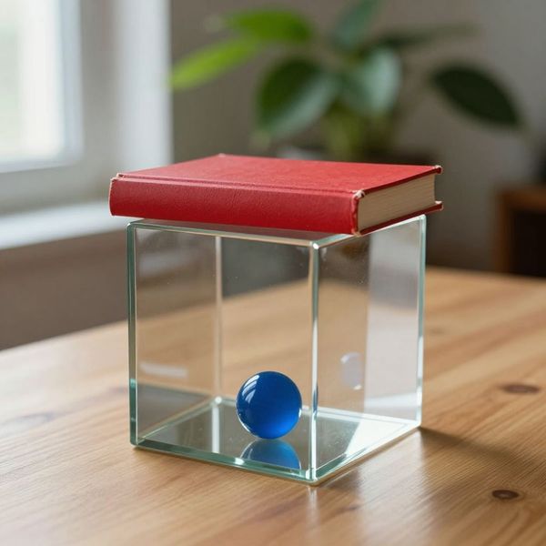 A glass cube on a wooden table. Inside the cube is a small blue sphere. On top of the cube sits a...