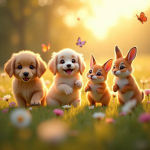 Hyper-photorealistic scene of fluffy baby animals—a golde...